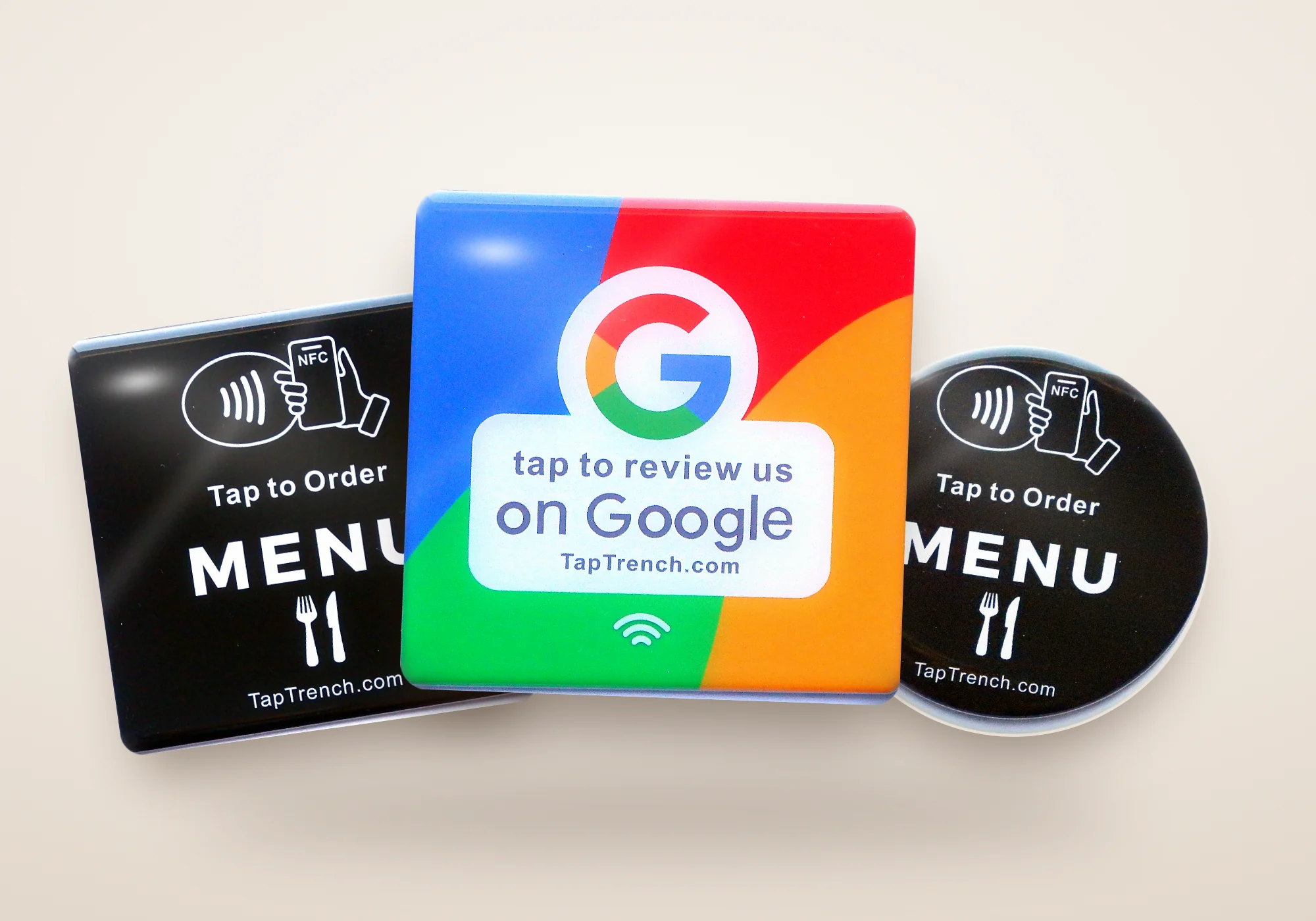 Tap Trench Google review plate and menu tap plates
