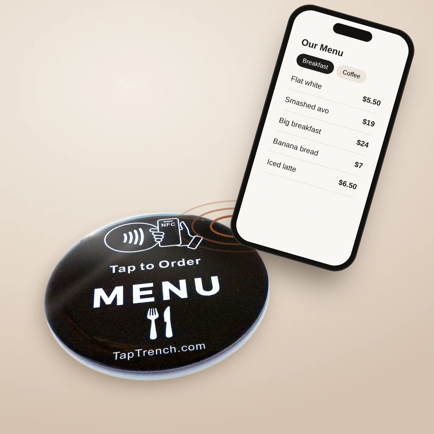 Phone tapping the round menu plate to open a menu