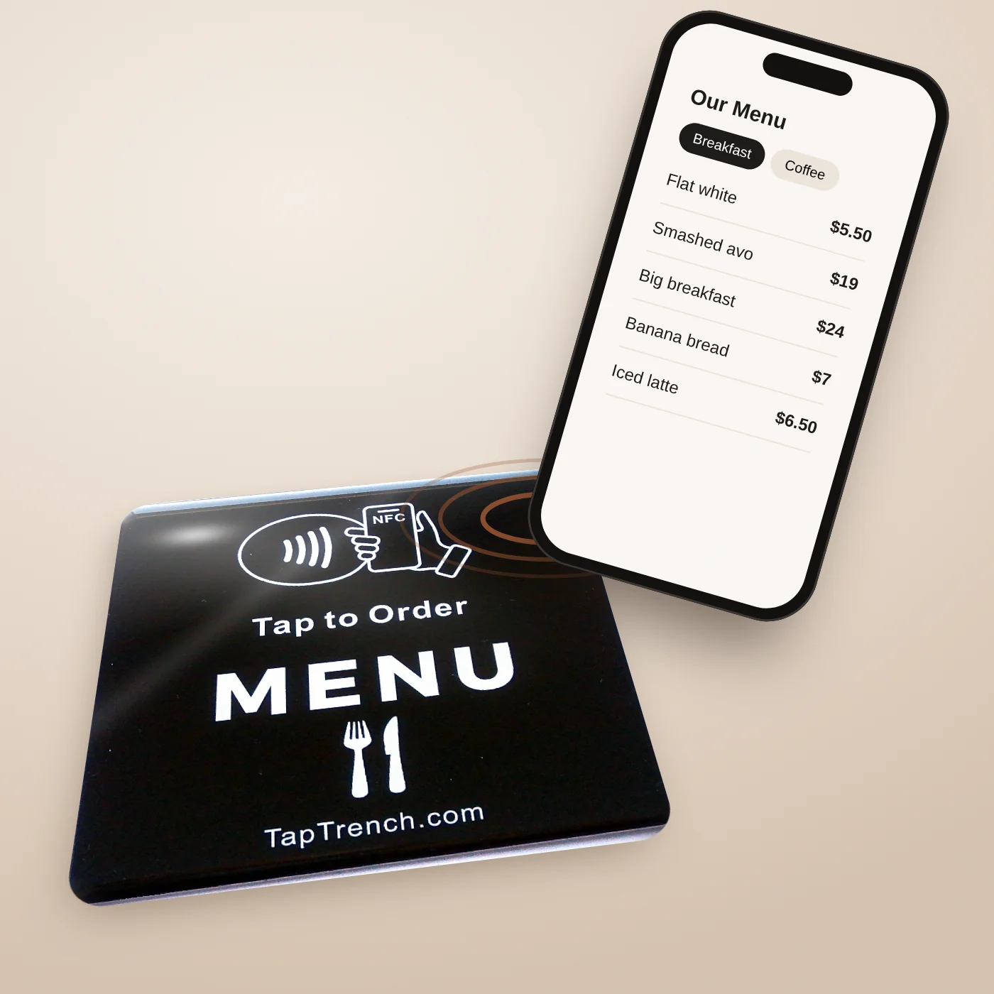 Phone tapping the square menu plate to open a menu