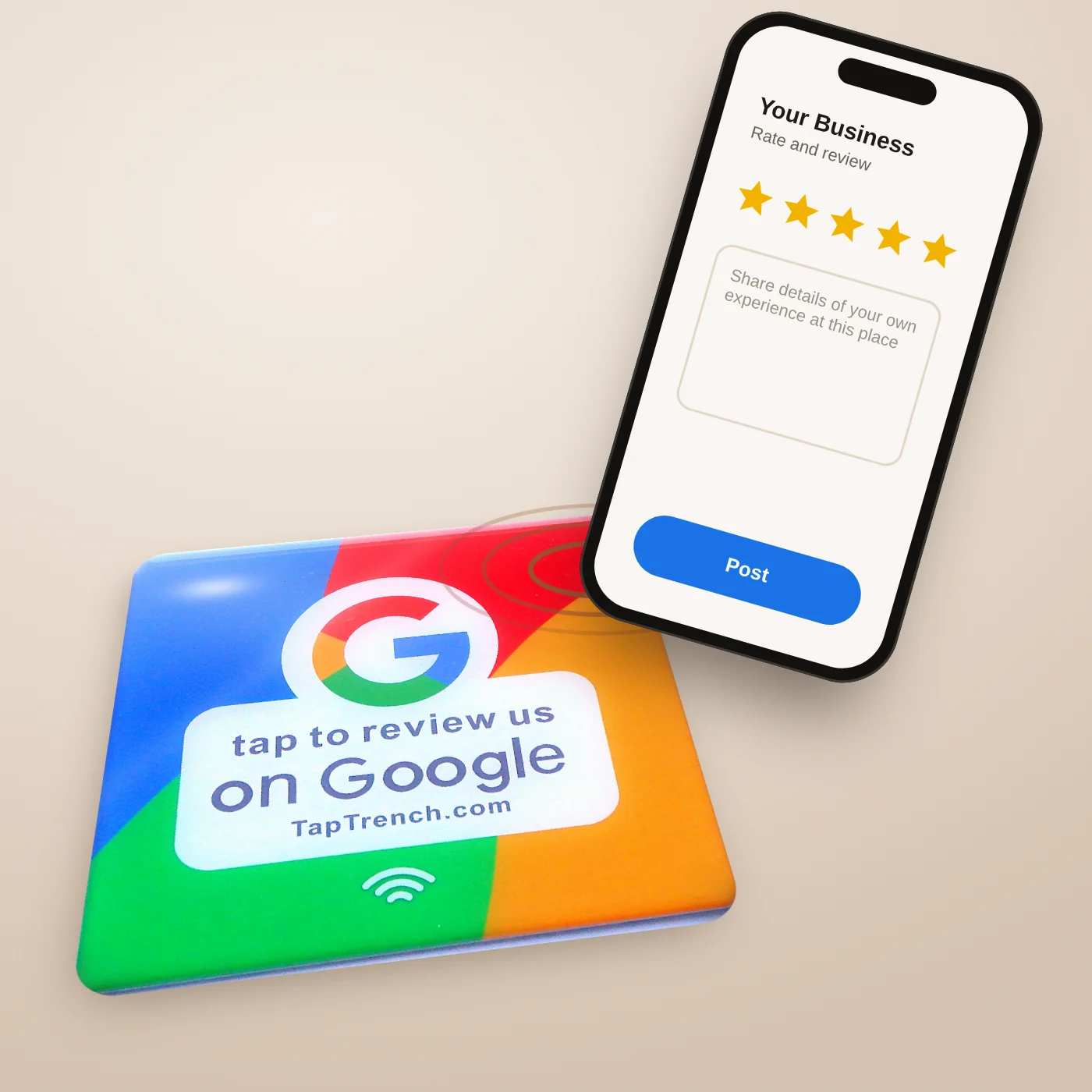 A phone tapping a Tap Trench Google Review plate to open the review page